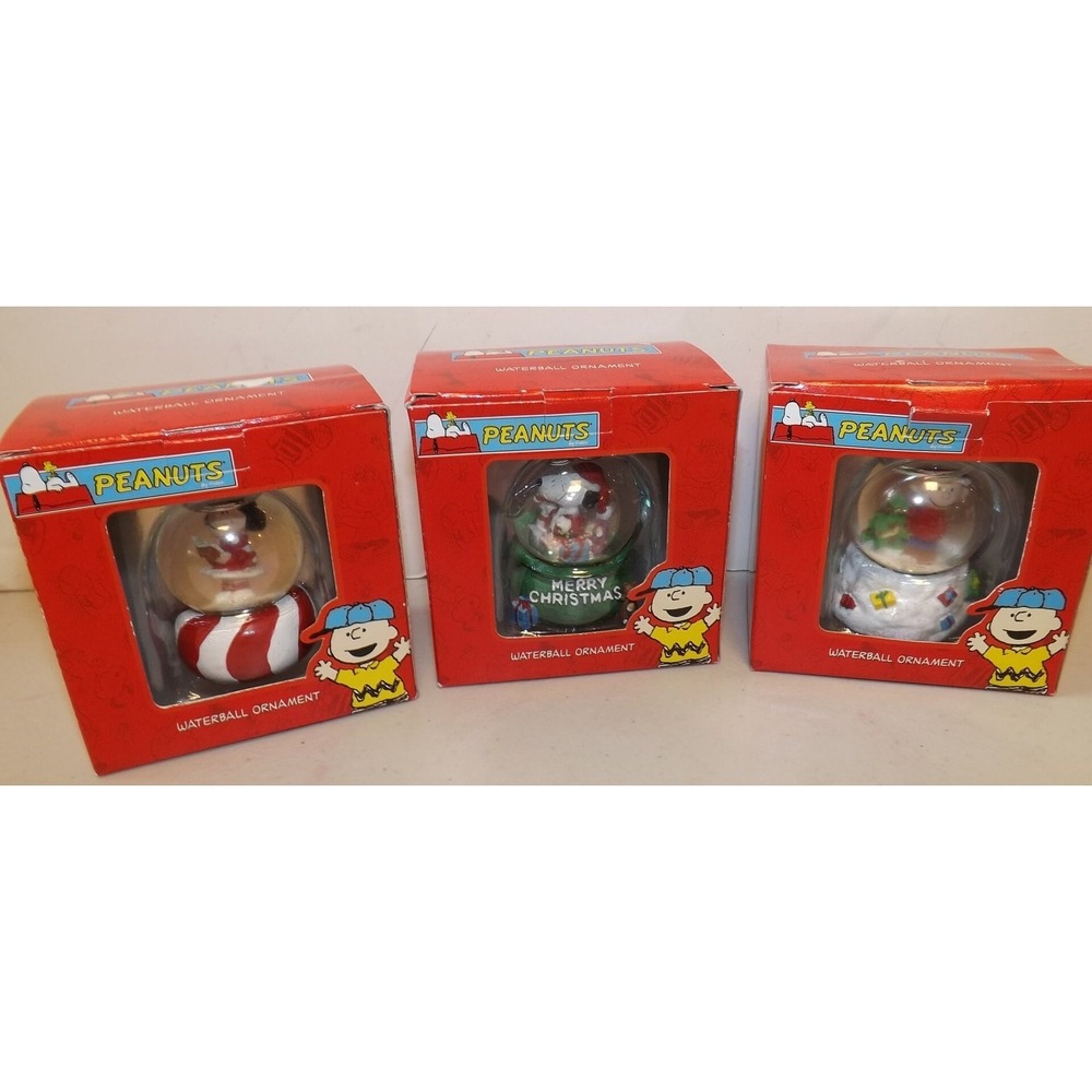 Three Peanuts Character Waterball Snow Globe Ornaments in Boxes